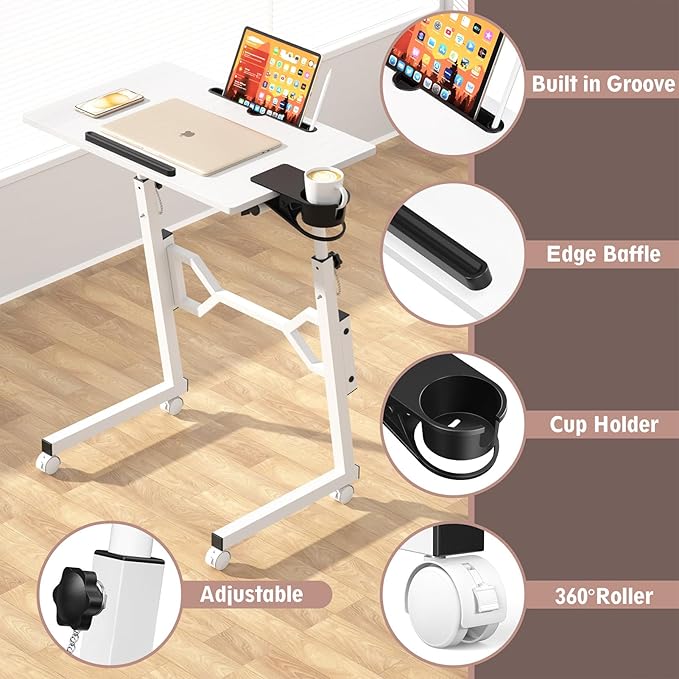Small Standing Desk with Wheels Portable Treadmill Desk Rolling Desk Adjustable Height for Laptop Mobile Standing Table for Walking Pad Bedside Table