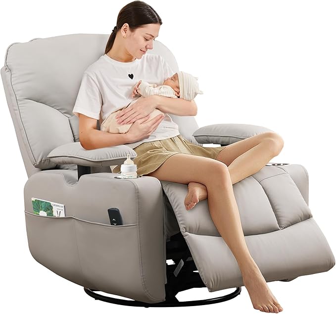 SUNWAVE Power Nursery Rocking Chair with Adjustable Armrests Nursing Chair with USB Cup Holders &amp Blanket Swivel Rocker Recliner with Corduroy and PU Leather Mixed Fabric (Gray)