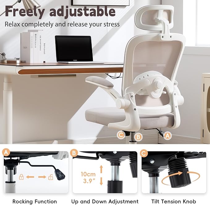 Ergonomic Office Chair with 3D Adjustable Lumbar Support Mesh High Back 75° Rotating Headrest Rocking Function 300lbs Capacity Black/White (White)
