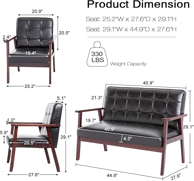 Okeysen Modern Loveseat Sofa Set (Black) - Ergonomic Leather Mid-Century Design 2-Seat &amp Accent Chair Small Spaces Furniture Living Room Apartment Office