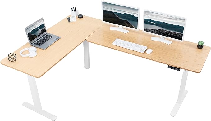 VIVO Electric Height Adjustable 83 x 60 inch Corner Stand Up Desk 2 Solid Bamboo Table Tops White Frame Memory Controller L-Shaped Workstation 3E Series DESK-KIT-3E8WO
