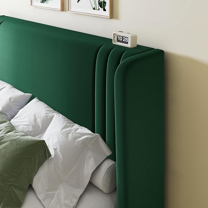 Allewie Full Size Velvet Platform Bed Frame with Vertical Tufted Wingback Headboard Easy Assembly Under Bed Storage No Box Spring Required Modern Style Green