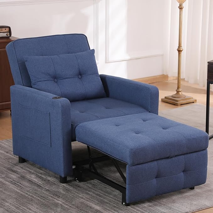 3-in-1 Convertible Futon Sofa Bed Chair Velvet Button Tufted Upholstered Pull Out Sleeper Chair with Adjustable Backrest&amp USB Ports Modern Lounge Armchair for Living Room Bedroom Apartment(Blu