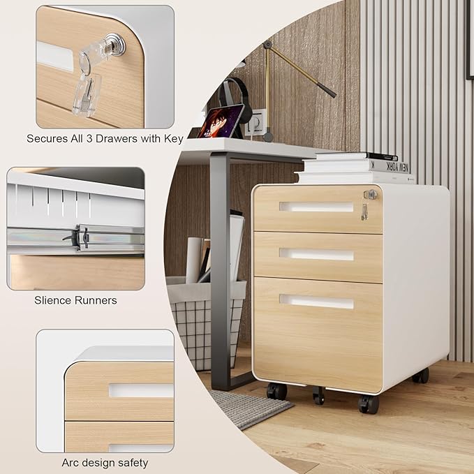 3 Drawer Mobile File Cabinet with Lock Under Desk Metal Filing Cabinet for Home Office Assembled Removable Under Desk Storage with Wheels for A4-Size/Letter-Size/Legal-Size (Wood Grain)