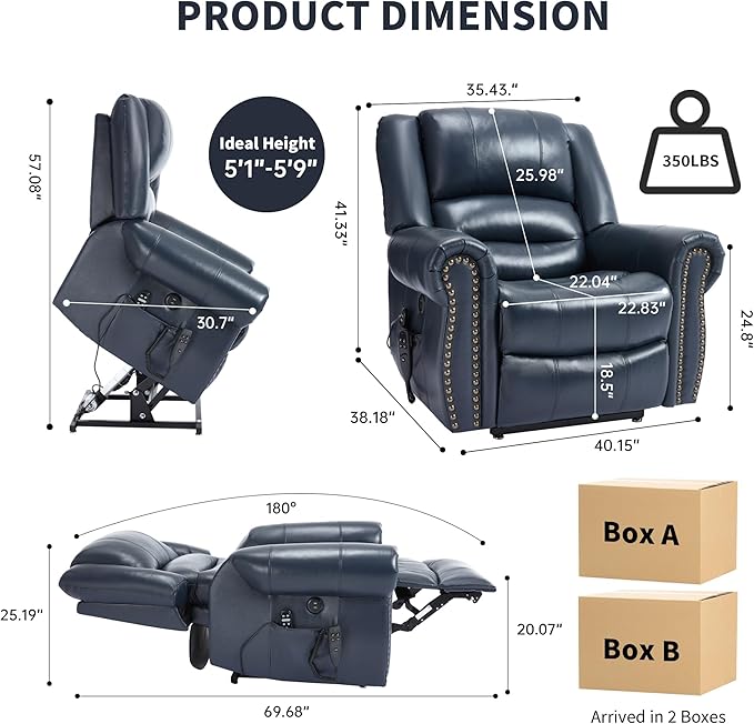 Genuine Leather Power Lift Recliner Chair Lazy Boy Recliner Chair with Charging Ports for Living Room Theater Seating Electric Single Sofa with Round Armrest Blue