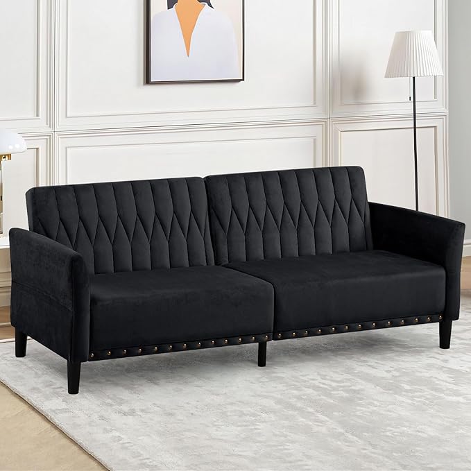 77 Inches Velvet Sofa Bed w/Adjustable Backrests &amp Armrests Convertible Sleeper Sofa w/Nailhead Trim Modern Loveseat Couch with Sturdy Legs for Living RoomOfficeBlack
