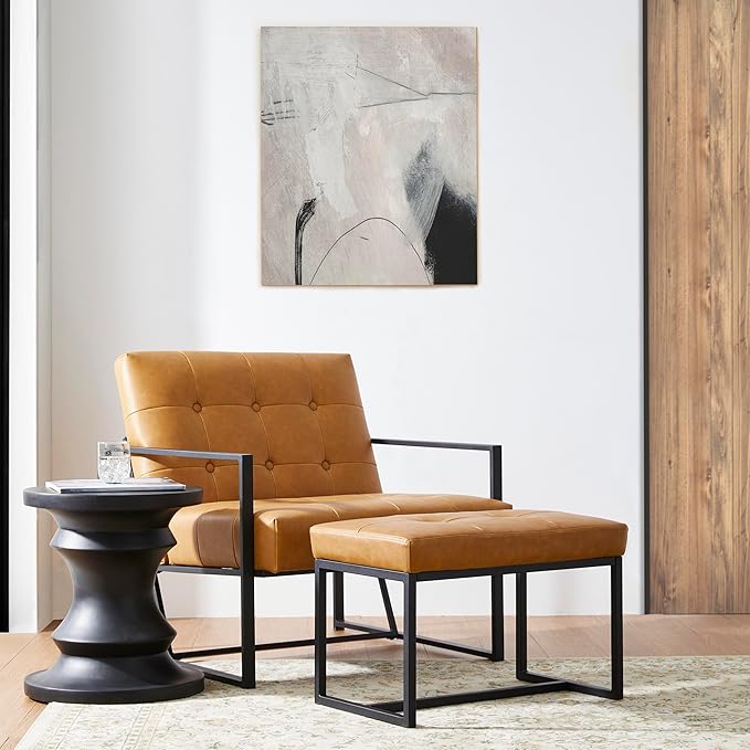 Glitzhome Accent Chairs with Ottoman Mid Century Modern Lounge Armchair with footrest with PU Leather &amp Metal Frame for Living Room Bedroom Apartment Office Light Brown