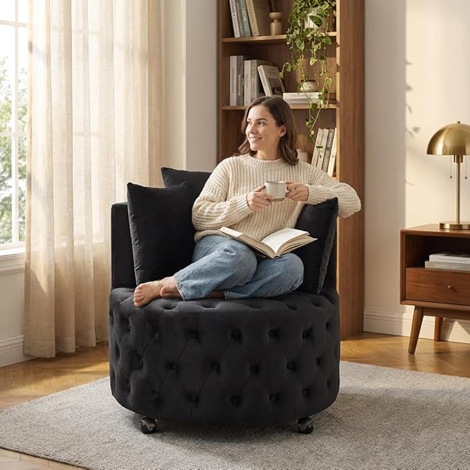 Velvet Upholstered Swivel Chair Velvet Swivel Chair for Living Room Button Tufted Velvet Upholstered Swivel Chair Design with Movable Wheels Includes 3 Decorative Pillows Black