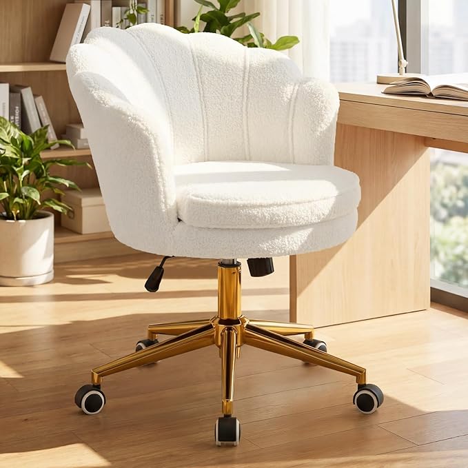 Vanity Chair with Back and Wheels Faux Fur Cute Home Office Desk Chair Upholstered with Gold Base and Petal Arm Comfy Makeup Chair Swivel Adjustable for Task Living Room Bedroom White
