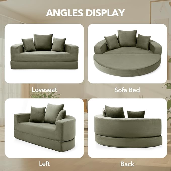 Round Boneless Couch Corduroy Upholstered Folding Convertible Sofa Bed with Pillows 2-in-1 Futon Sofa Bed with Half-Circle Design Comfy Loveseat for Living Room Apartment (Green)