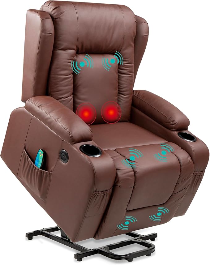 Best Choice Products PU Leather Electric Power Lift Chair Recliner Massage Chair Adjustable Furniture for Back Legs w/ 3 Positions USB Port Heat Cupholders Easy-to-Reach Side Button - Brown