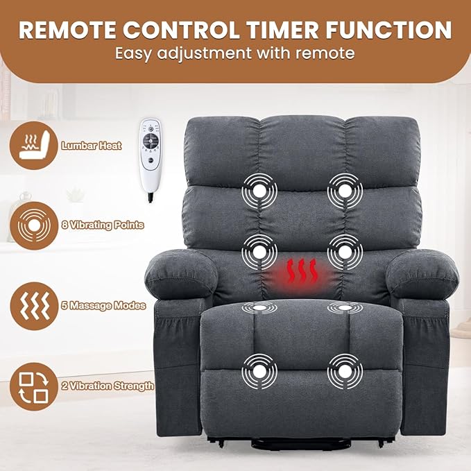 Power Lift Recliner Chair for Elderly with Heat and Massage Electric Recliners Single Sofa with Side Pocket and USB Charge Port for Living Room and Bedroom Comfort