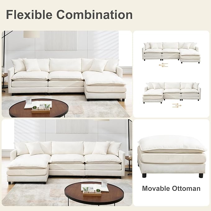 Modular Convertible Sectional Couch 4 Seat L Shaped Sofa Reversible Chaise Sectional Sofa Deep Seat Cloud Couch Chenille for Home Apartment Dorm (Cream White L Shaped)