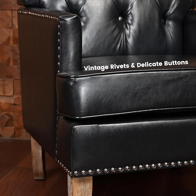 CONSDAN Leather Accent Chair Living Room Chair with Soft High-Resilience Cushion Leather Armchair with Button Tufting and Nailhead Trim Black
