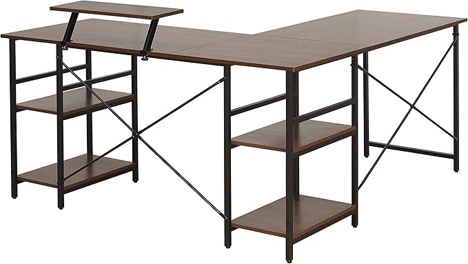 Techni Mobili Office Desk - Reversible L Shaped Desk with Storage Shelves Monitor Stand &amp Accessory Holder - Ergonomic &amp Industrial Workstation Corner Table with Durable Steel Frame Walnut