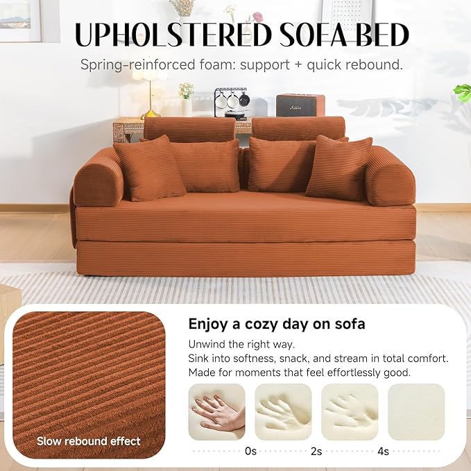 Upgrade Sofa Bed Convertible Mattress Couch for Small Spaces with High Backrest Design Fixed-Shape Frame &amp Removable Armrests and Backrest 2 Corduroy Pillow No Assembly Orange