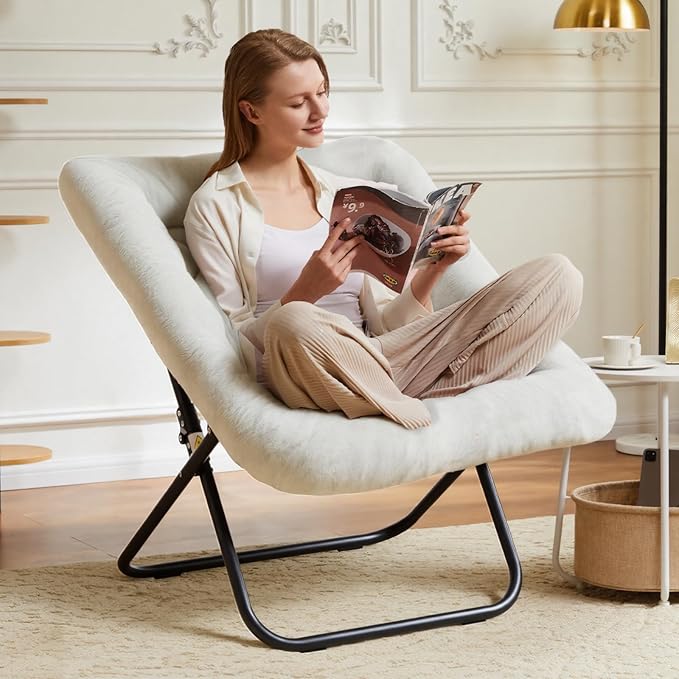DUMOS Comfy Chair for Adults Soft Faux Fur Folding Lounge for Bedroom Living Room Dorm Rooms Flexible Reading Chair for Teens Large Size Foldable (Square-Creamy)