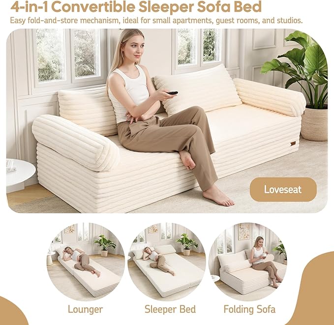 MeMoreCool Convertible Sofa Bed Folding Floor Couch Bed Queen Pull Out Sleeper Couch with Pillows Fold Out Futon Sofa for Bedroom Living Room Small Space Soft Corduroy