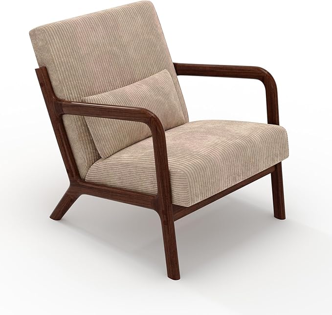 Garvee Mid-Century Modern Accent Chair Wide-Wale Corduroy Upholstery Solid Wood Armchair with Removable Lumbar Pillow Sturdy Reading Chair for Living Room Bedroom Guest Room Easy Assembly Brown