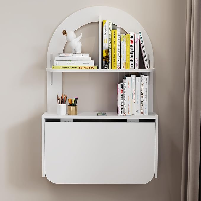 Wall Mounted Drop-Leaf Table Floating Laptop Desk Folding Table with Shelves Multifunctional Computer Workstation Storage Compartments in Home Office for Space Saving (White)