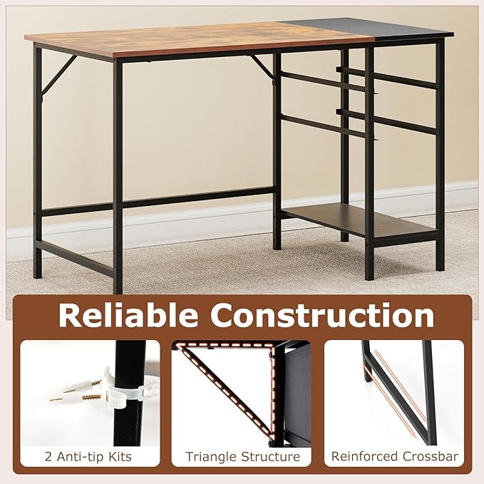 Giantex 48 Computer Desk with 2 Fabric Drawers Industrial Home Office Desk with Open Storage Shelf 2-Toned Finish &amp Metal Frame Gaming Study Writing Table for Small Space Bedroom Rustic Brow