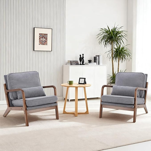 DUMOS Mid Century Modern Chair Set of 2 Accent Chair with Arms and Waist Cushion Reading Chairs for Adults Lounge Chair for Living Room and Bedroom Solid Wooden Frame Grey