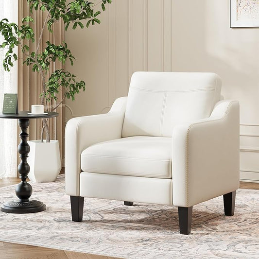 PU Leather Accent Chair Mid-Century Modern Living Room Armchair Sofa with Removable Cushions Solid Wood Frame &amp Stitched Armrest Design Bedroom Chair with Plastic Legs Beige