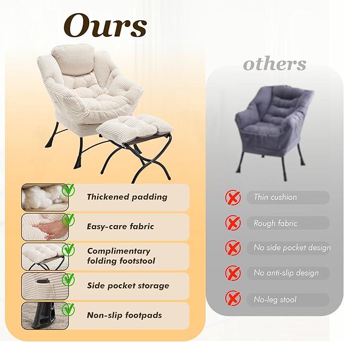 QQU Lazy Chair with Ottoman Corduroy Lounge Armchair Reading Chair with Footrest for Living Room Balcony Study (Beige)