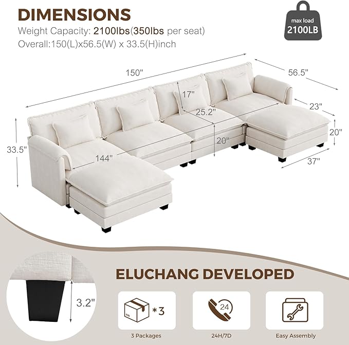 ELUCHANG 150'' Modular Sectional Cloud Couch Modern Comfy Chenille U Shaped Deep Seat Sofa for Living Room Upholstered 6-Seats Sofa Couch with Movable Ottoman Cream White | Convertible Easy to Ass