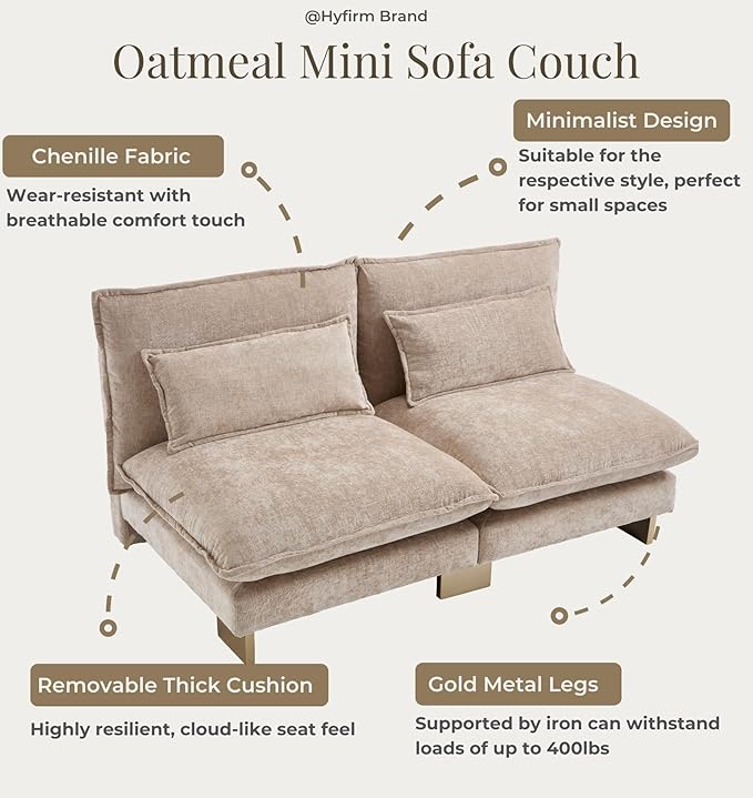 Small Modular Sofa Armless Loveseat Modern 2-Seats Mini Sofa Couch with Pillows Convertible Love Seat with Gold Legs for Small Spaces Living Room Oatmeal Chenille