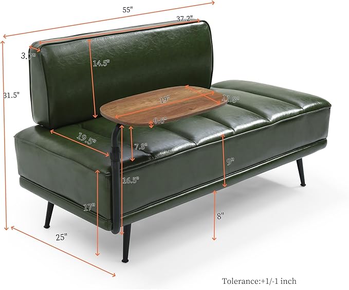 Modern Upholstered End of Bed Bench with 360-Degree Swivel Tray 2 Seater Sofa Couch with Side Table Settee Bench with Metal Legs Backrest for Living RoomEntrywayFoyer (PU-With Tray Green)