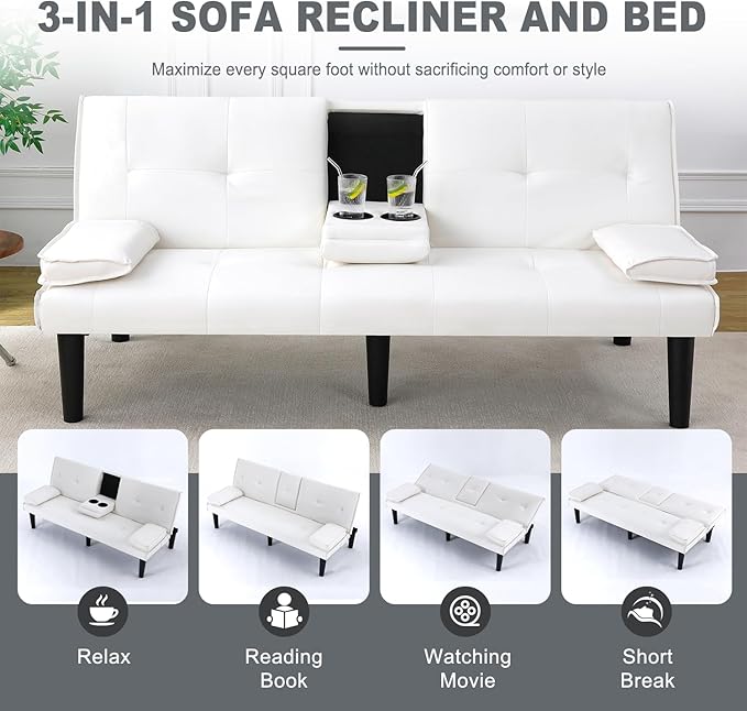 Futon Sofa Bed PU Leather Modern Convertible Futon Couch with Removable Armrests Cup Holders Loveseat Sleeper Sofa Bed for Living Room Apartment Small Spaces (White)