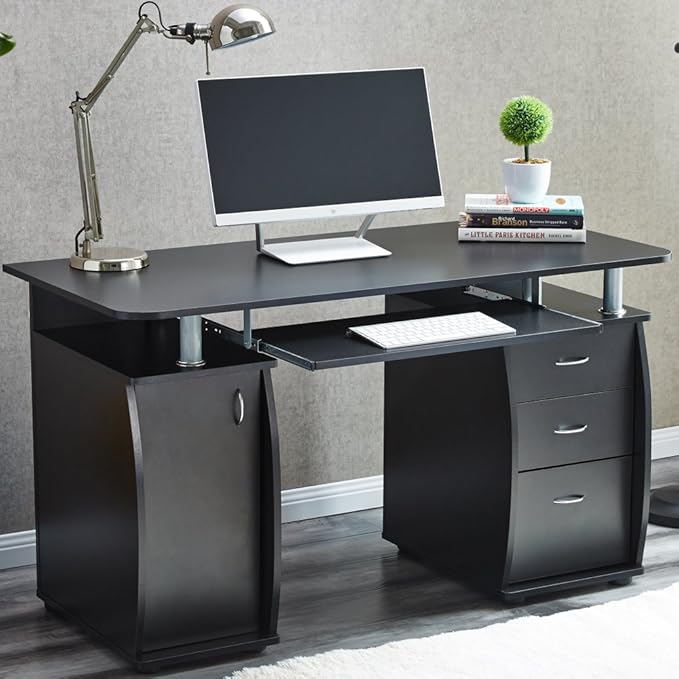 RayGar Black Deluxe Design Computer Desk with Cabinet and 3 Drawers for Home Office Table Workstation - New (Black)