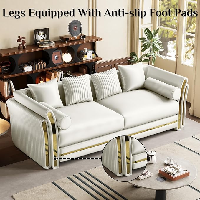 86.7 Luxury Velvet Sofa Chesterfield Tufted Couch Vintage White and Gold Couch Mid Century Victorian Couches for Living Room 3 Seater with 4 Pillows &amp 2 Bolster Pillows Beige White