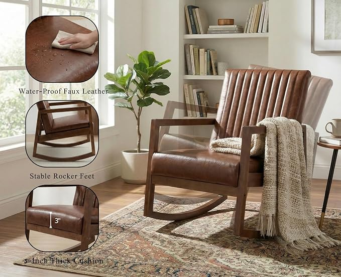 CIMOTA Leather Modern Rocking Chair Mid Century Armchair Upholstered Arm Chair with Padded Seat/Wood Frame Comfy Rocker for Living Room/Bedroom Retro Dark Brown PU