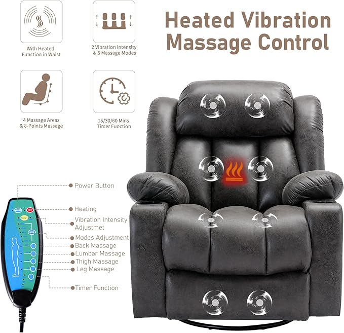 360° Swivel Rocker Recliner Chair with Heat and Massage Manual Glider Rocking Reclining Chair Swivel Overstuffed Lounge Reclining Chair with 2 Cup Holders Side Pockets &amp USB Ports Grey