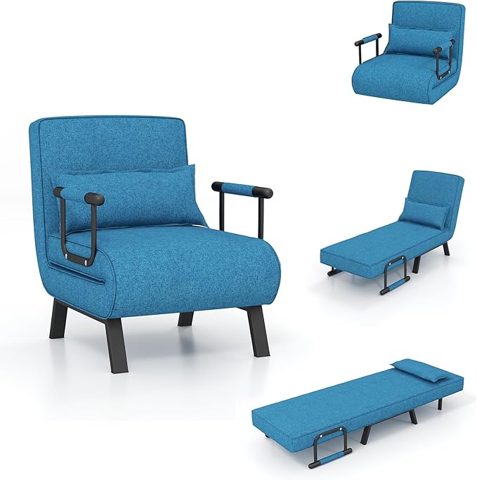 POWERSTONE Convertible Sleeper Chair Bed 4 in 1 Living Room Reading Chair with Pillow Wide Cushion Arm and Adjustable 5 Position Backrest Single Sofa Bed Blue