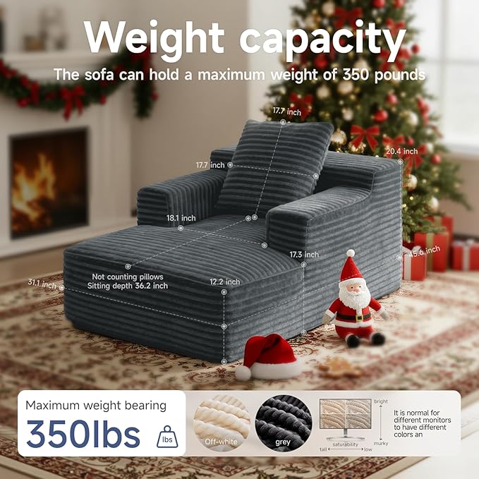 45'' Chaise Lounge Chair Indoor Corduroy Upholstered Boneless Sofa Bed Deep Seat Sleeper Couch Reading Chairs Small Comfy Cloud Sofas Couches for Living Room Bedroom Movie Room (Dark Grey)