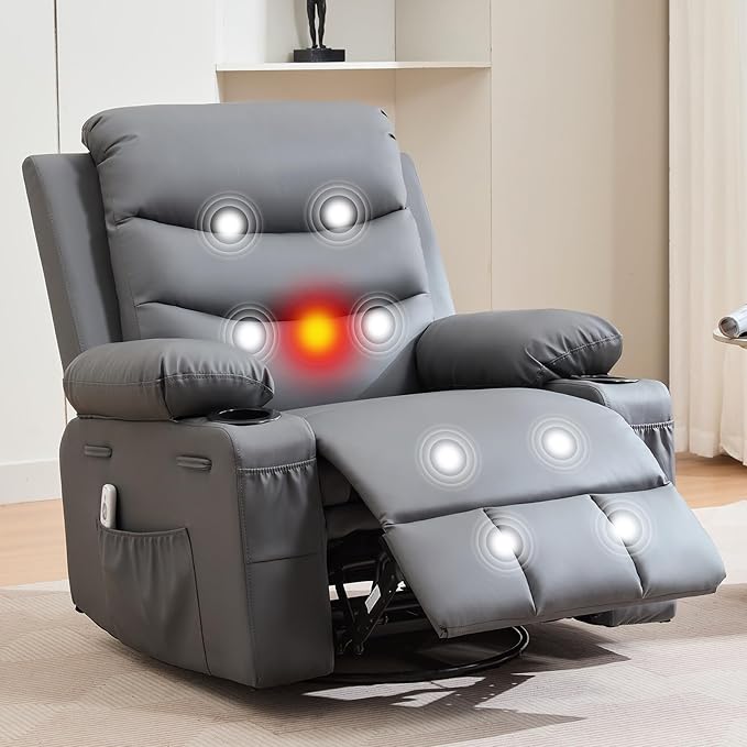 IDEALHOUSE Rocker Recliner Chair with Massage and Heat Swivel Reclining Sofa with Cup Holder Side Pockets Front Pockets Rocking Chair for Living Room Bedroom Nursery (Grey PU Leather)