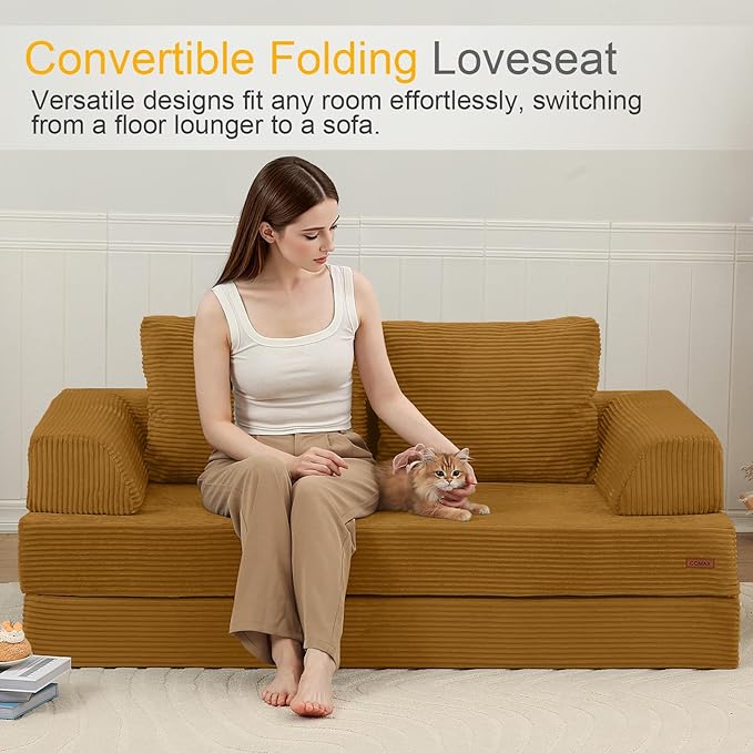 COMAX Convertible Sofa Bed Folding Floor Couch Corduroy Fold Out Couch Bed Futon Sleeper Mattress with Pillows Boneless Sofa Comfy Lounge Loveseat for Living Room Bedroom Yellow