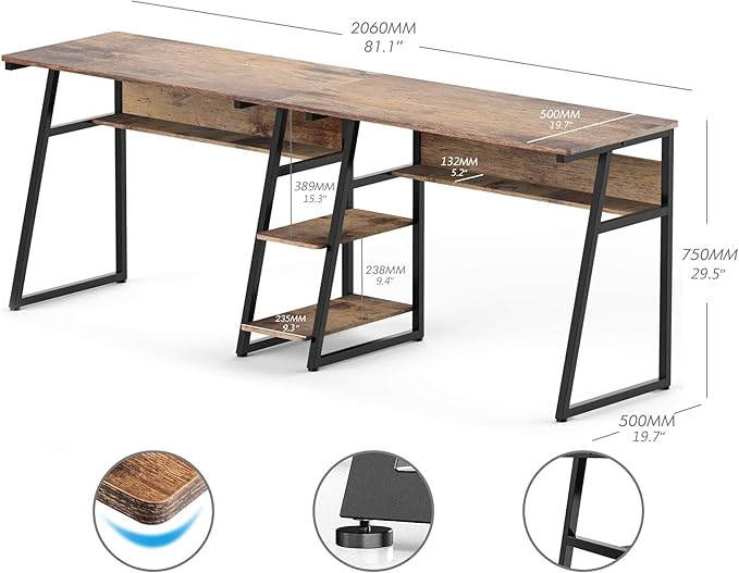 J.M.Deco 81'' Two Person Computer Desk with Storage Shelves Extra Long Study Writing Table Workstation for Home Office (Rustic Brown)