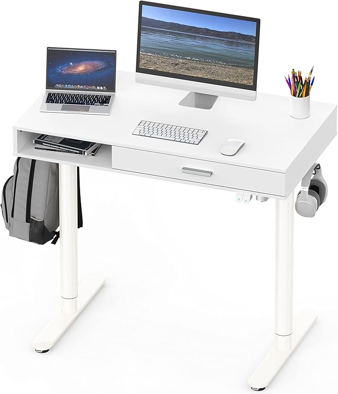 SHW 40-Inch Height Adjustable Claire Electric Standing Desk with Drawer White