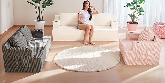 Homall 42” Single Sofa Foam Couch for Small Spaces Upholstered Floor Sofa with Cup Holder &amp Storage Pocket Boneless Couch for Bedroom Living Room (Pink Single)