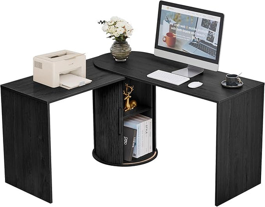 Fluted Computer PC Desk Table with Storage Black Corner L Shaped Desk with Storage for Small Space Modern Home Office Desk for Bedroom for Writing Executive Study Work - Black