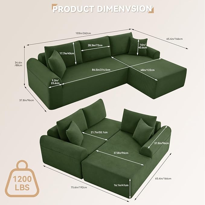 103 Modular Sectional Sofa with Chaise Cloud Sectional Couch with Deep Seat Modular L-Shape Sofa Corduroy Boneless Couch for Living RoomBedroomNo Assembly Required(Green Right Facing Chaise)