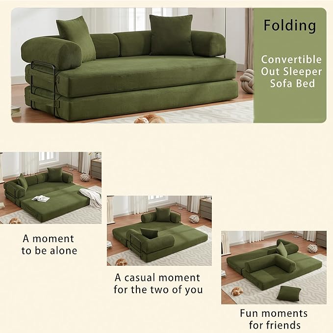 78.5'' Convertible Floor Sleeper Sofa Bed Corduroy Boneless Compression Memory Foam Wide Armrest Comfy Loveseat Lounge Couch for Living Room Bedroom Apartment No Assembly Required Green