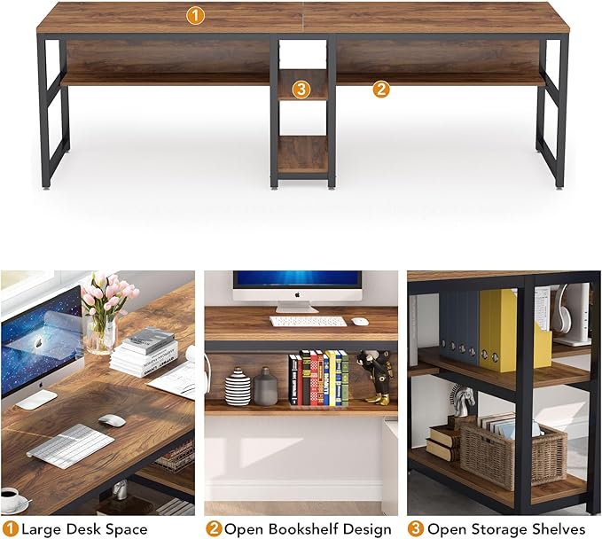 Tribesigns Two Person Desk with Bookshelf 78.7 Computer Office Double Desk for Two Person Rustic Writing Desk Workstation with Shelf for Home Office (Brown)