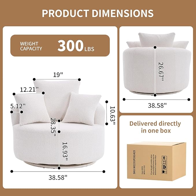 40” White Round Swivel Chair with 3 Pillows &amp Thick Cushion Oversized 360° Swivel Accent Chair Modern Boucle Armchair for Nursery Living Room Bedroom Club