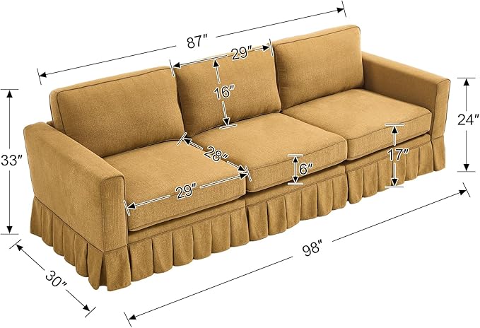 3 Seats Modular Sectional Sofa Couch 98 Modern Yellow Linen Fabric Cloud Couches with Skirts &amp Washable Cover Oversized Upholstered Accent Sofa Couch with Deep Seat &amp Pillow for Living Room