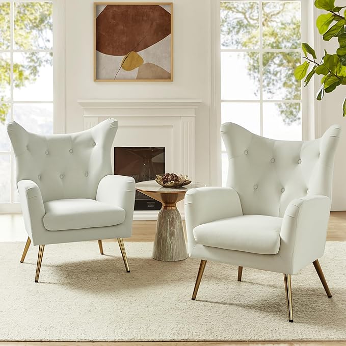 HULALA HOME Velvet Accent Chair Set of 2 Modern Wingback Arm Chair with Metal Gold Legs Velvet Tufted Upholstered Single Sofa(Ivory)